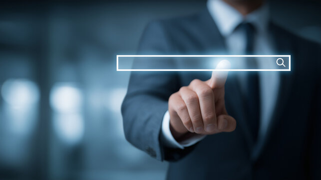 Businessman touching digital search bar interface for online data research and web browsing