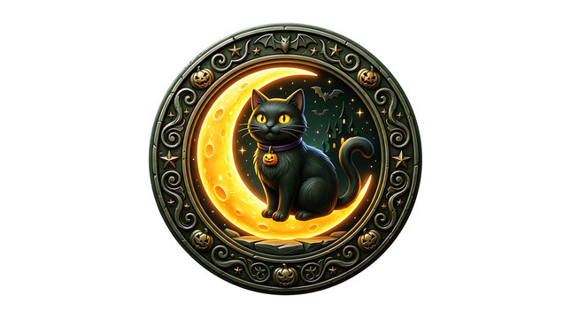 A mystical black cat sitting in front of a glowing golden crescent moon inside an ornate vintage frame