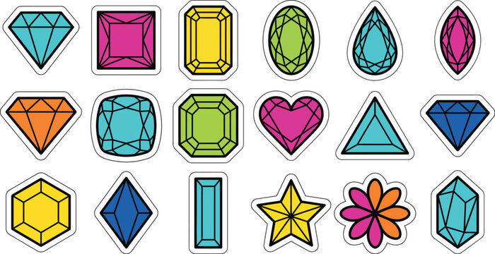 Vibrant geometric gemstone stickers with diverse cuts including round heart pear star and flower shapes for modern designs.