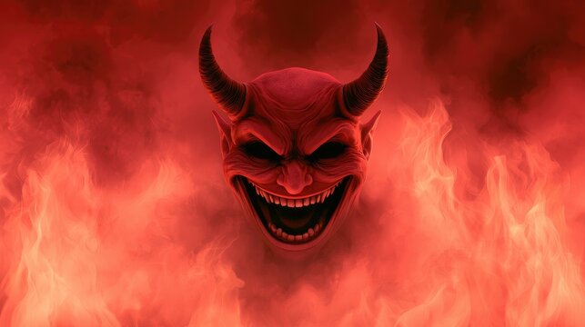 terrifying devil emerging from fire and smoke with a fierce expression illustration