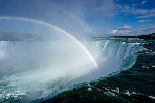 View of rainbow over Horseshoe Falls in Niagara Falls.