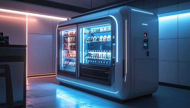 Futuristic Illuminated Vending Machine Displaying Drinks in Modern Neon Interior