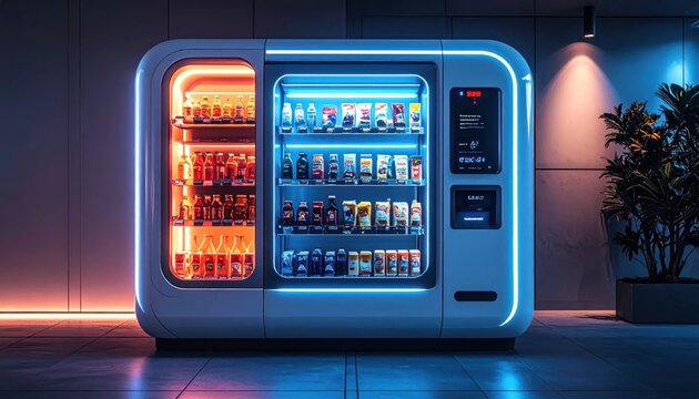Futuristic Illuminated Vending Machine Displaying Drinks in Modern Night Interior