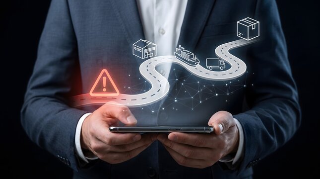 Businessman holding smartphone with digital supply chain road map