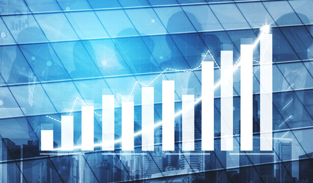 Visual representation of business growth featuring a white bar graph against a blue cityscape background. This image captures economic progress and financial success. Impute
