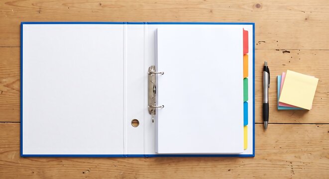 Open ring binder with blank white pages and colorful index tabs on wooden table with pen and sticky notes. Document organization and office paperwork concept.