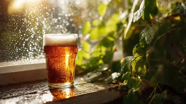 A glass of beer on a windowsill with raindrops and green leaves in the background.