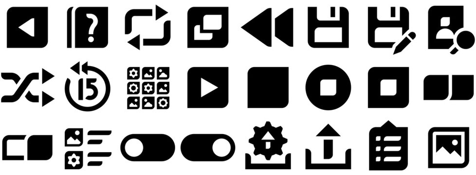User Interface Icon Pack featuring button, media, audio, symbol, control, window, stop, arrow, player, sign, play, off, music. Vector icon pack.