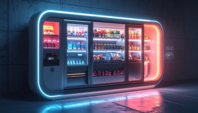 Futuristic Neon Vending Machine Displaying Snacks and Drinks in Dark Urban Interior