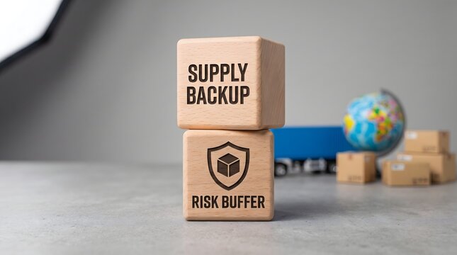Supply backup and risk buffer wooden blocks with globe background