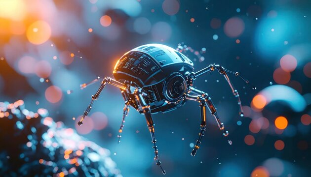 Futuristic Robotic Beetle Floating in Colorful Abstract Digital Environment