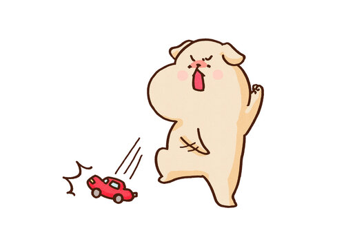 Dog throwing a toy car to the ground in a fit of rage, ADHD impulsivity or child temper tantrum concept
