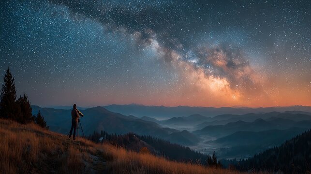 Astronomer Observing Milky Way Galaxy with Telescope in Mountains