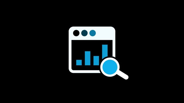  Analytics dashboard icon with bar chart and magnifying glass, representing data analysis, statistics, business intelligence, research, performance monitoring, reporting, insights, and digital metrics