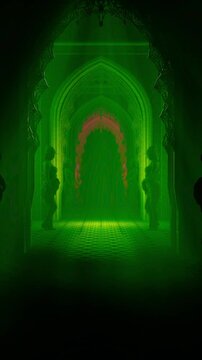 Vertical 3D Render of Gothic Archway Corridor with Statues in Neon Green and Purple Light