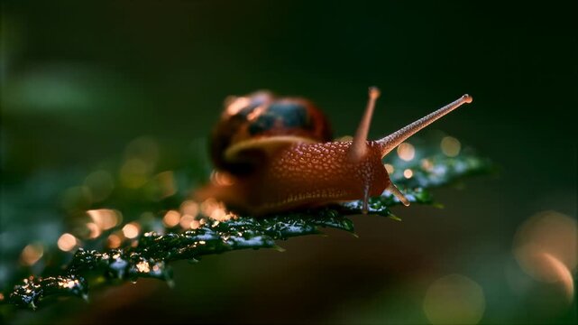 Macro shot of a snail slowly crawling on a wet leaf in the forest