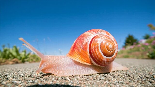 Close-up of a snail with a vibrant orange shell slowly crawling on a gravel path