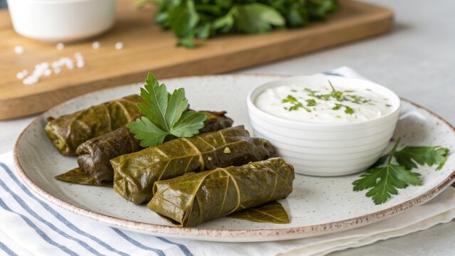 Delightful dolma sarma stuffed grape leaves served with creamy yogurt on a rustic table