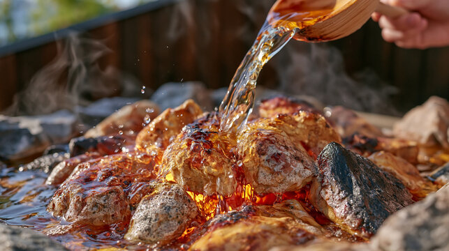 Close atmospheric shot of water being gently poured over glowing sauna stones, fine droplets turning into rising steam, wooden ladle visible in the foreground, heated stones covere
