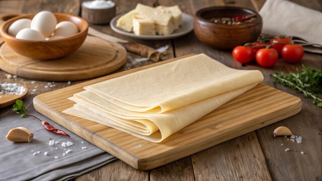 Dough brik thin sheet raw phyllo placed on cutting board with fresh ingredients in cozy kitchen setting