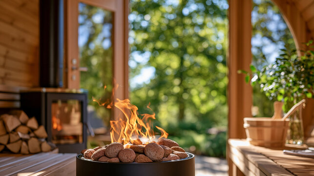 Outdoor barrel sauna interior with a compact wood burning stove covered in rounded sauna stones, open wooden door revealing a green forest outside, firewood stacked beside the heat