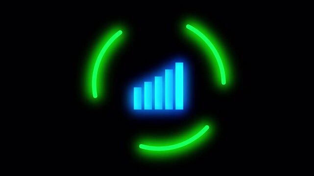 Continuous improvement business concept with glowing circular arrows, rising bar chart and target icon, representing growth, progress, performance, strategy, productivity, success and business develop
