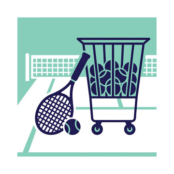 Tennis racket and basket full of balls on a court for sport practice and training session