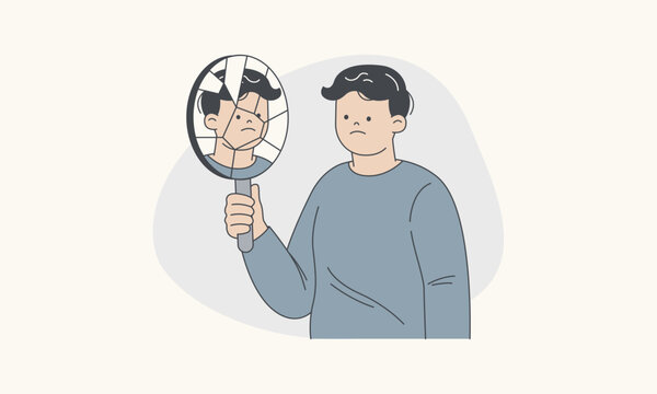 Sad Man Sees His Fragmented Distorted Identity Reflected in Broken Hand Mirror Vector