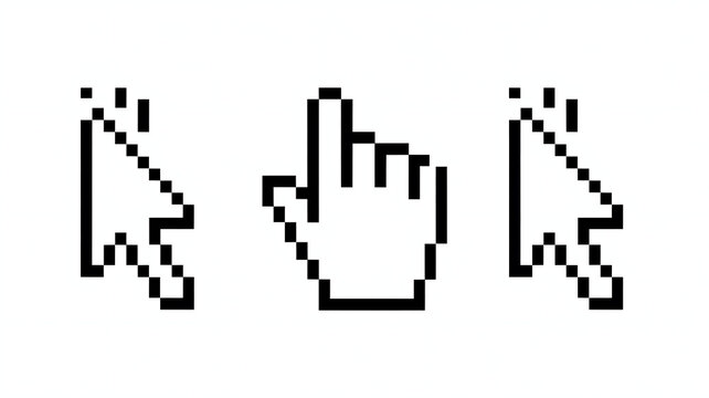 Pixel Art Hand Cursor Pointer Icon Isolated on White Background