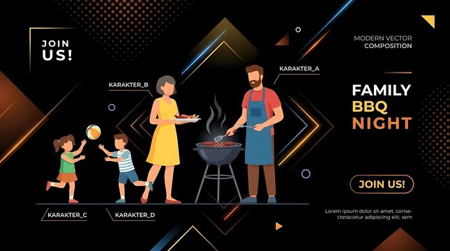 Family BBQ night invitation banner with grilling scene.