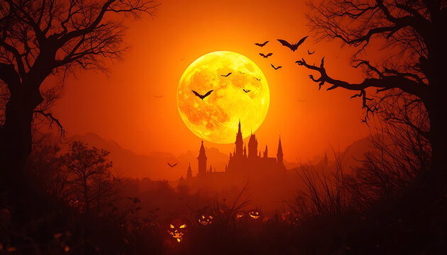 Spooky halloween castle looms over dark landscape filled with glowing jackolantern pumpkins under giant orange moon creating festive horror scene for seasonal marketing.