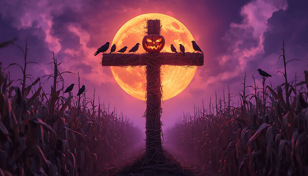 Spooky scarecrow with jack o lantern head stands in cornfield under glowing orange harvest moon with black crows perched on straw arms creating eerie halloween atmosphere for posters.