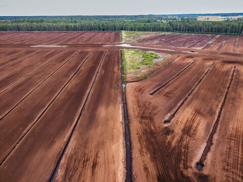 Aerial view of an industrial peat extraction area with parallel drainage ditches and harvested brown soil fields bordered by a dense forest in Laidzes pagasts, Talsu novads, Latvia.