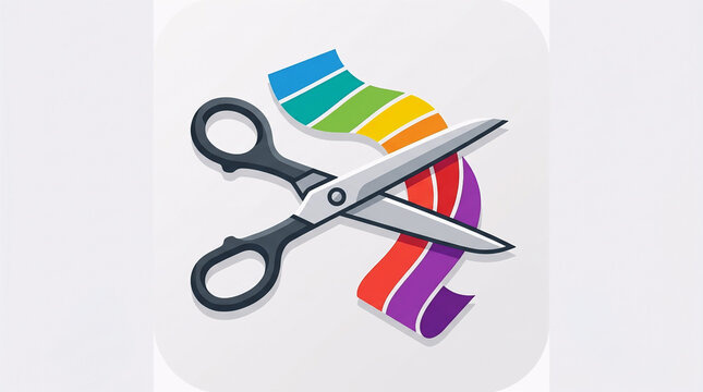 Flat vector illustration of a pair of scissors cutting a colorful ribbon palette, representing design tools and video editing.