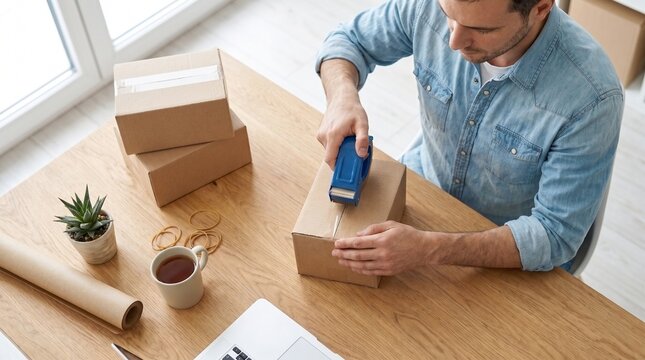 Overhead view of man taping cardboard box at desk with tea and packing supplies