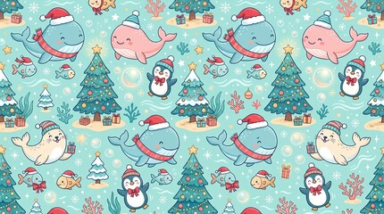 Naklejka premium Seamless Christmas ocean animal pattern with cute whales, seals, penguins, fish, coral, festive tree, gifts and Santa hats on blue background, playful nursery design