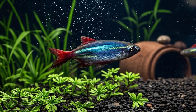 A neon tetra with blue and red stripes swims in an aquarium among green plants and black gravel. Podcast for aquatic life or fishkeeping content