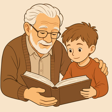 Grandfather and grandson reading a book together