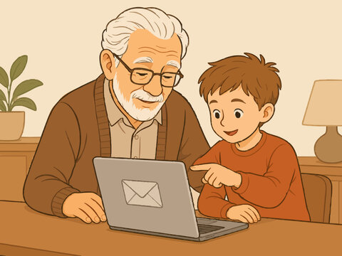 Grandfather and grandson using laptop to check electronic mail indoors