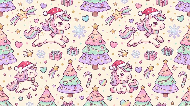 Seamless Christmas unicorn pattern with cute pastel unicorns in Santa hats, festive trees, gifts, candy canes, hearts, stars and snowflakes on cream nursery background