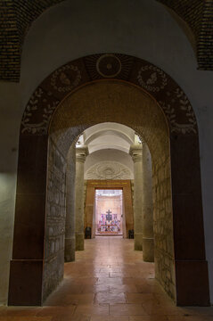 Painted archway with laurel wreaths leading to the crypt chapel of Esztergom Basilica, Hungary