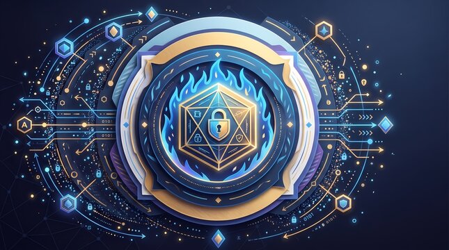 Digital asset security concept illustration with a locked geometric core, glowing blue flames, circuits, and cryptographic symbols.