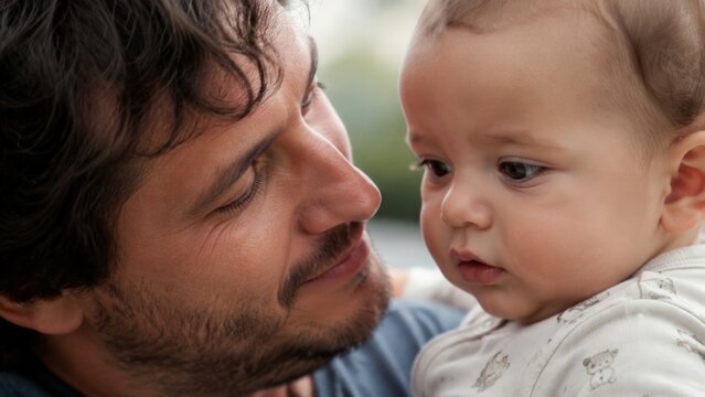 Extreme close-up of a dark-haired bearded father in a blue shirt gazing tenderly at his baby in a white printed onesie with soft blurred background and warm indoor light
