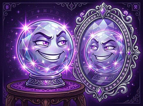 Whimsical purple crystal ball with mischievous face sitting on ornate wooden table next to gilded magic mirror reflecting supernatural character vector illustration for fantasy concepts