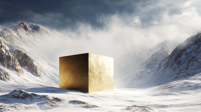 A large gold cube stands alone in a snowy mountain landscape with clouds and fog rolling in.