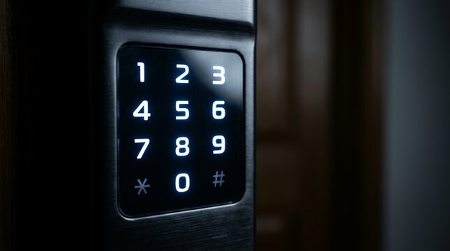 Digital smart lock with glowing numeric keypad for secure home access control.