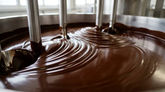 Liquid dark chocolate swirling in industrial conching machine for gourmet confectionery production