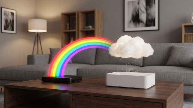 An innovative smart home device projects a vibrant rainbow connecting to a cloud raining particles. This technology creates a whimsical and immersive experience in a modern living room setting.