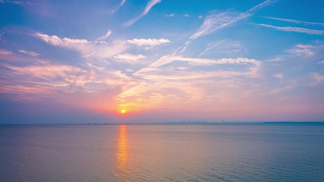 Hefei Chaohu Sunset Timelapse: Rosy Clouds Drape Over Lake with Distant City Silhouette at Dusk