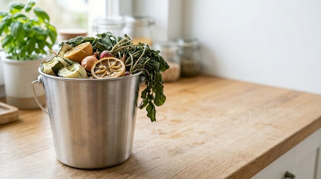 Organic food waste in a metal kitchen compost bin for sustainable recycling and gardening.